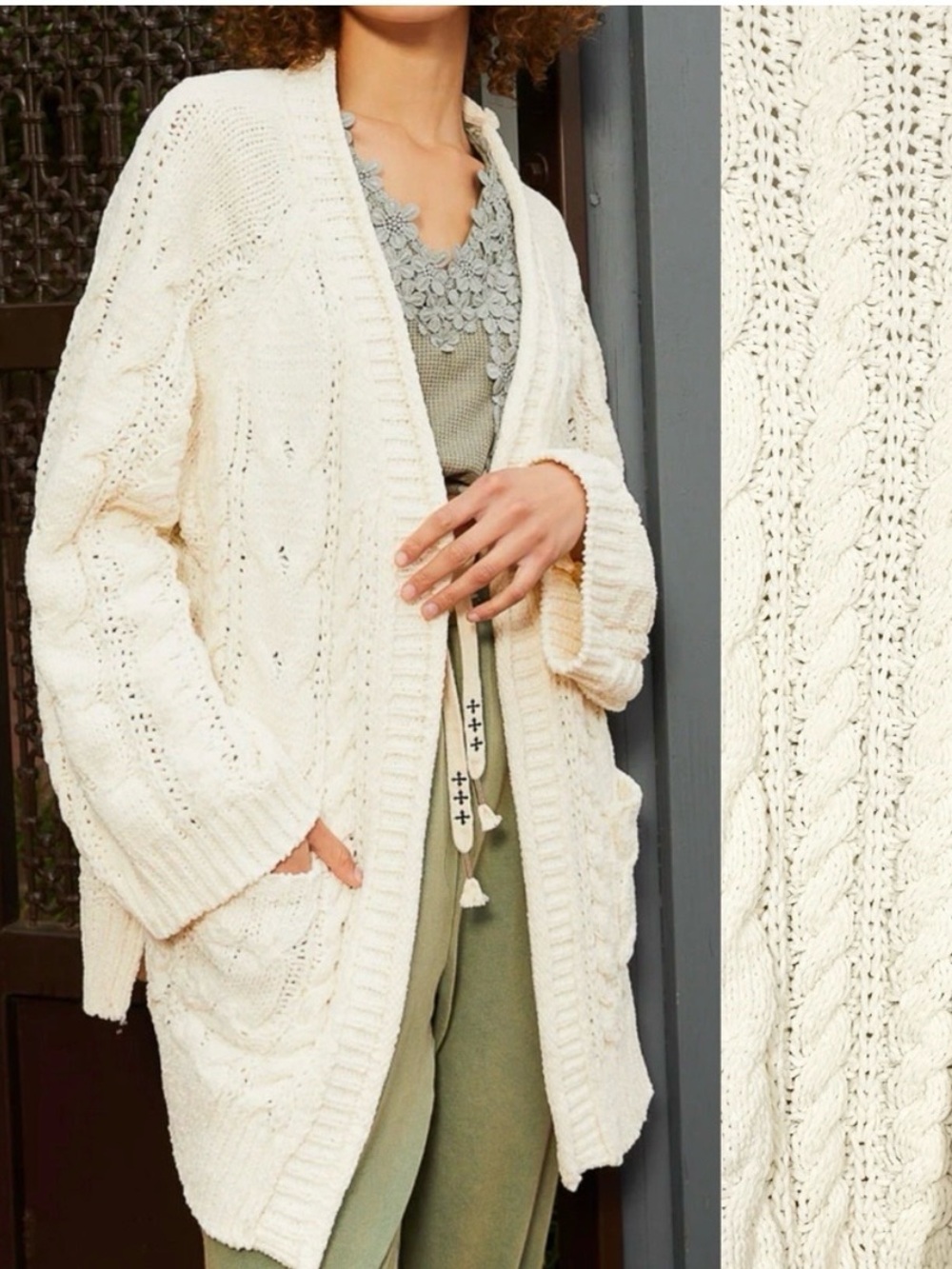 POL Cable Knit Open Front Fisherman Cardigan Sweater Ivory Oversized Chenille
